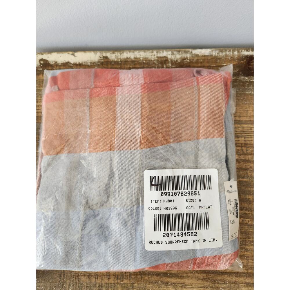 NWT Madewell Ruched Squareneck Tank in Linen-Cotton Blue/Orange 6 - Picture 12 of 13